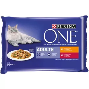 Futter für ausgewachsene Katzen mit Huhn/Rind, 4 x 85 g - PURINA ONE